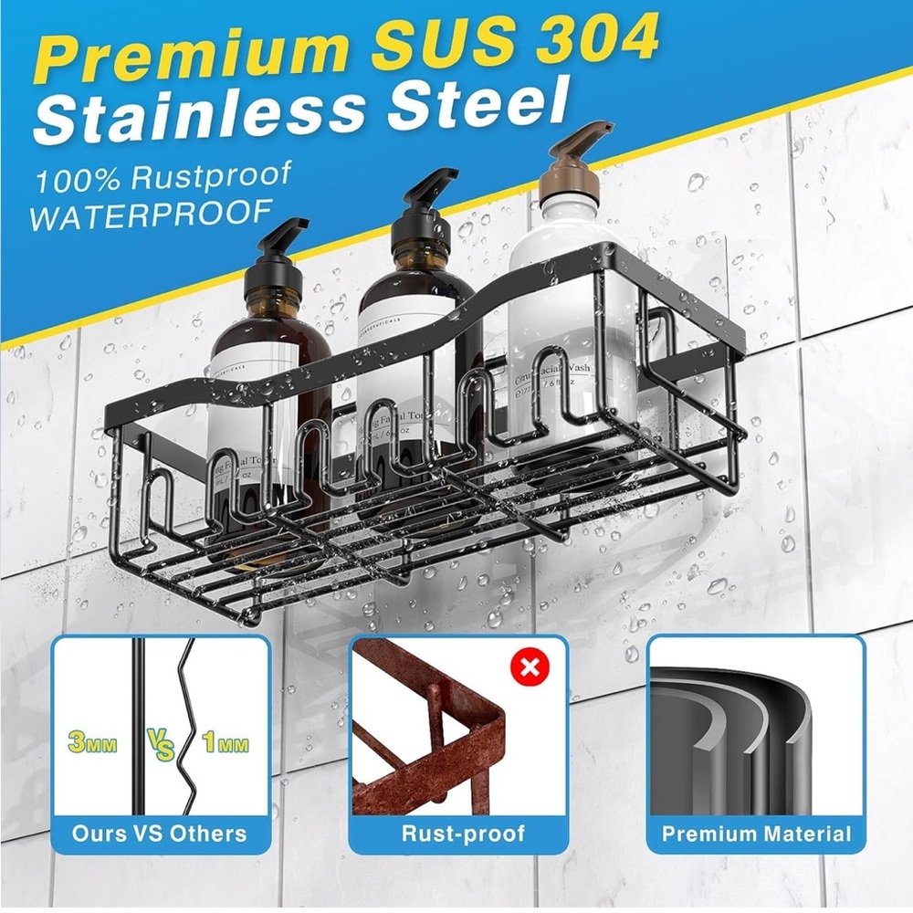 Adhesive Black Rustproof Stainless Steel Shower Caddy Organizers, 3 Pack - Picture 12 of 12
